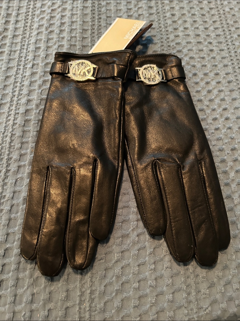 Michael Kors Black Leather Gloves with MK Emblem